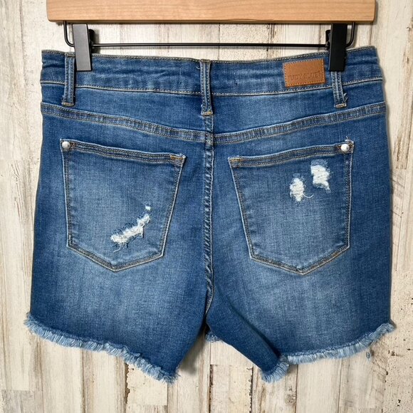 Judy Blue Denim Shorts Distressed Raw Hem Leopard Print Patches Womens Medium - Picture 5 of 7